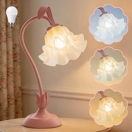 Bedside Table Lamp for Bedroom, Vintage Flower Table Lamps, LED Reading Light 3 Color Modes Bedside Lamps, Nightstand Lamp Kawaii Desk Lamps for Bedroom Living Room Home Decoration(Pink lamp)