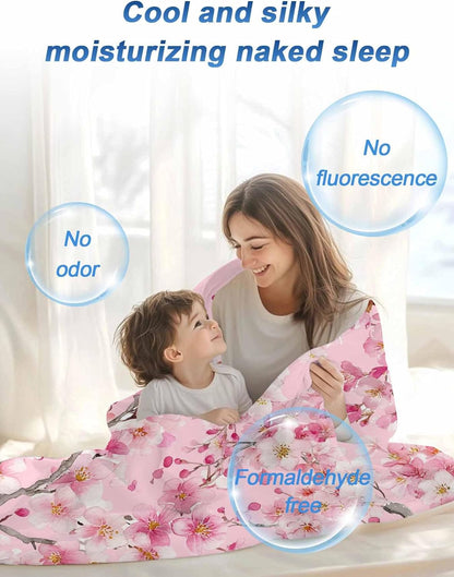 DecorLovee Cooling Blanket for Hot Sleepers, Spring Peaches Lightweight Ice Blanket for Night Sweats, Botanical Blossom Flowers Branches Summer Cooling Throw Blankets for Bed/Soft/Travel 30"x40"
