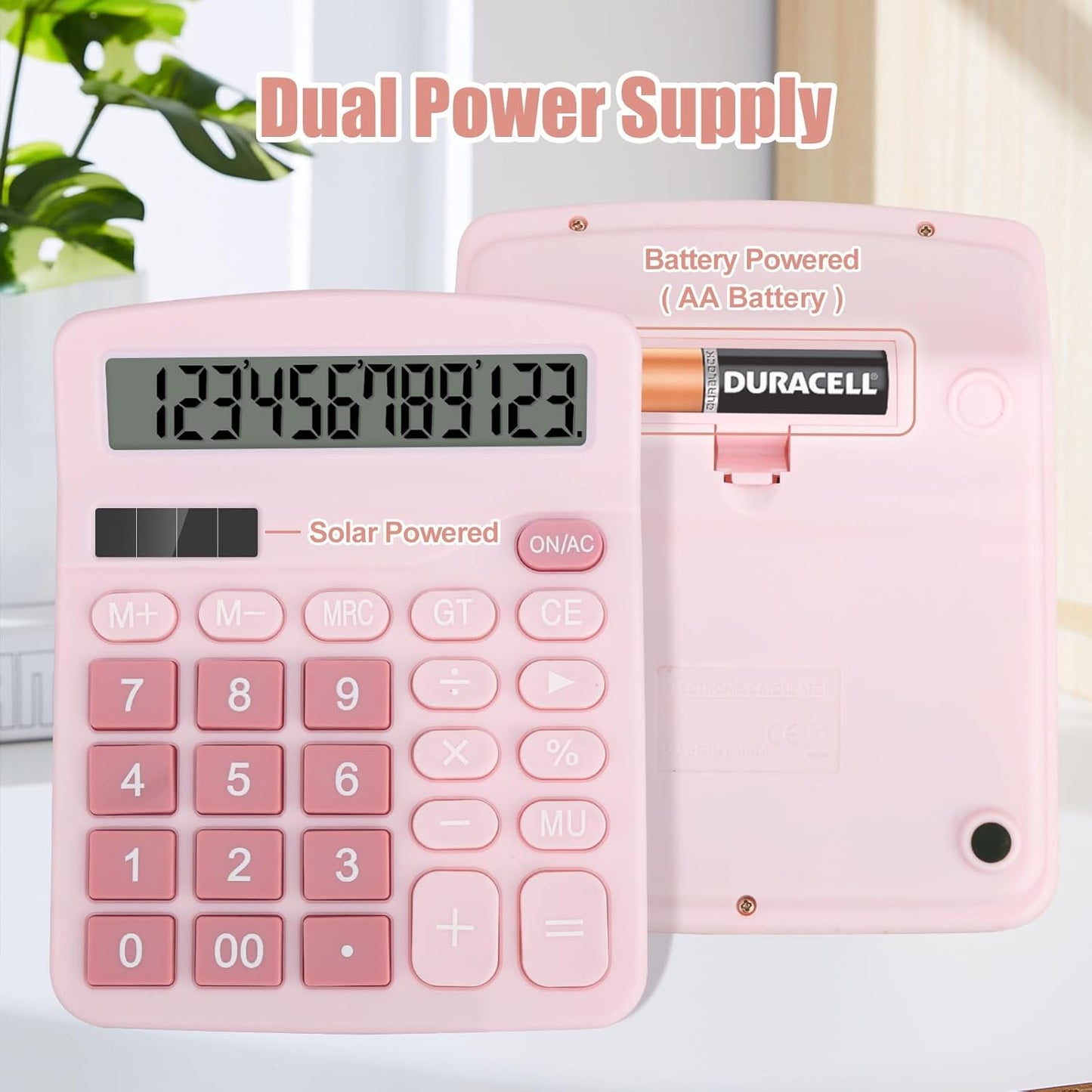 Desktop Calculator, Pink Calculator Big Buttons, 12-Digits Large LCD Display, Solar and AA Battery Dual Power, Desk Calculators for Office Home School Business Class (Pink)
