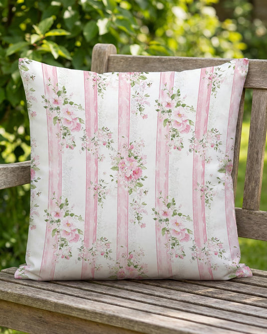 Vintage Pink Floral Pillow Cover 18x18 – Striped Pastel Rose Cushion Case for Coquette Cottagecore Bedroom or Grandmillennial Decor