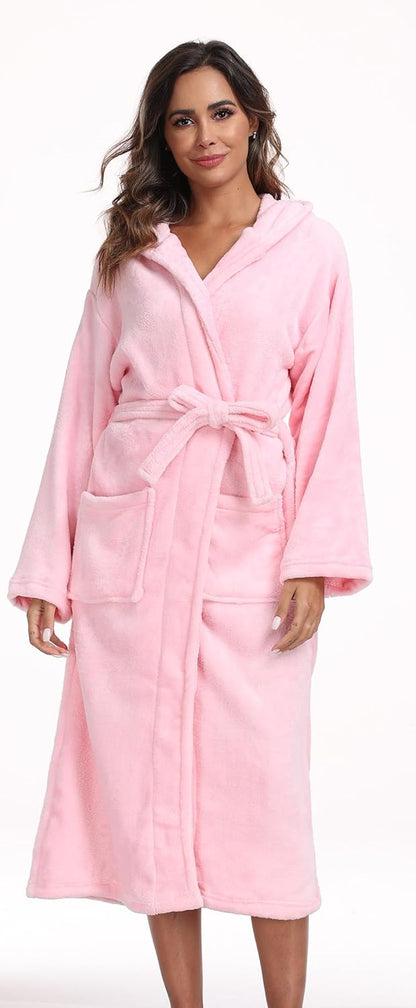 Womens Hooded Plush Bathrobe Warm Fleece Soft Long Robe Fuzzy Full Length Gown Shower Spa House Kimono for Women