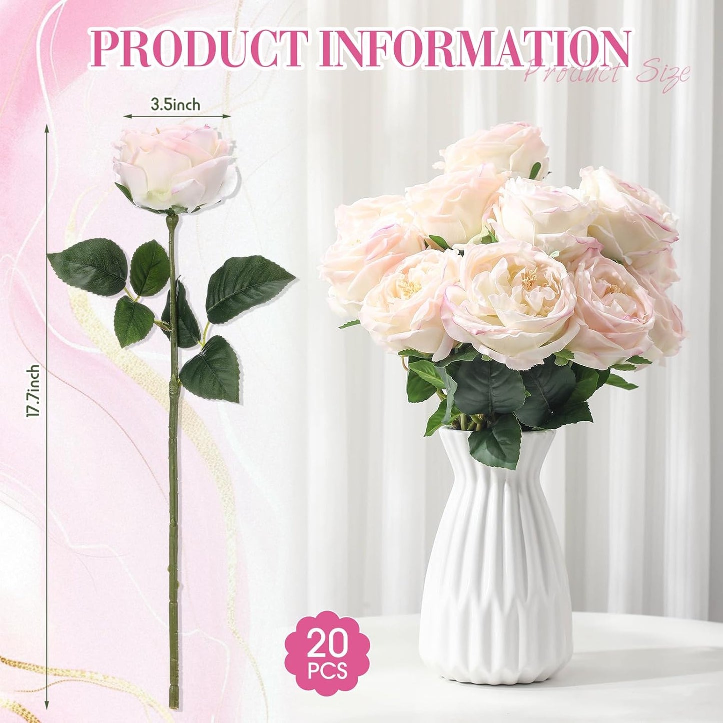 Giegxin 20 Pcs Real to Lifelike Peonies Austin Roses Artificial Flowers, Faux Look Real Long Stems Fake Flower with Big Blooms for Christmas Valentines Wedding DIY Arrangement Home Decor(Light Pink)