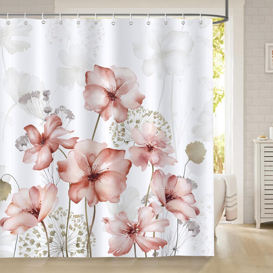 Bonhause Blush Pink Floral Shower Curtain, Watercolor Flower Plants Modern Minimalist Bathroom Decor 72x72 Inch Polyester Fabric Waterproof Bath Curtain with 12 Hooks