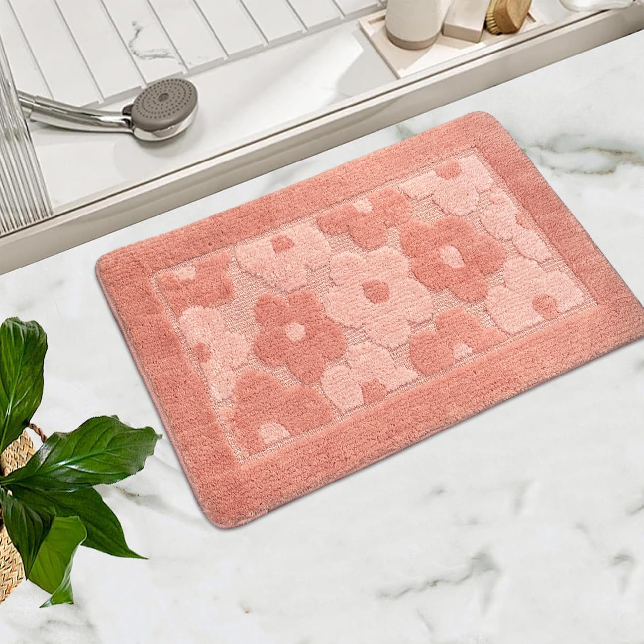 Pink Flowers Bath Rug Cute Floral Bathroom Rugs Extra Soft Water Absorbent Bathroom Mat Non Slip Bath Mats for Bathroom Bathtub Shower Rug Washable Aesthetic Decor Door Mat, 20" x 32"