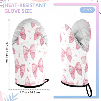 Bows Pink Non-Slip Oven Mitts Set Heat Resistant Kitchen Gloves with Quilted Liner Cotton Machine Washable with Hanging Loop for Baking Grilling BBQ