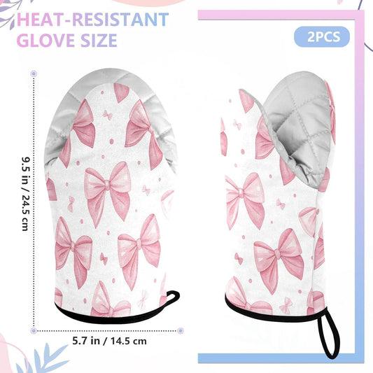 Bows Pink Non-Slip Oven Mitts Set Heat Resistant Kitchen Gloves with Quilted Liner Cotton Machine Washable with Hanging Loop for Baking Grilling BBQ