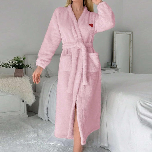 Fuzzy Soft Robes for Women Soft Cozy Long Plush Robe Heart Fluffy Warm Bathrobes with Pockets Ladies Loungewear