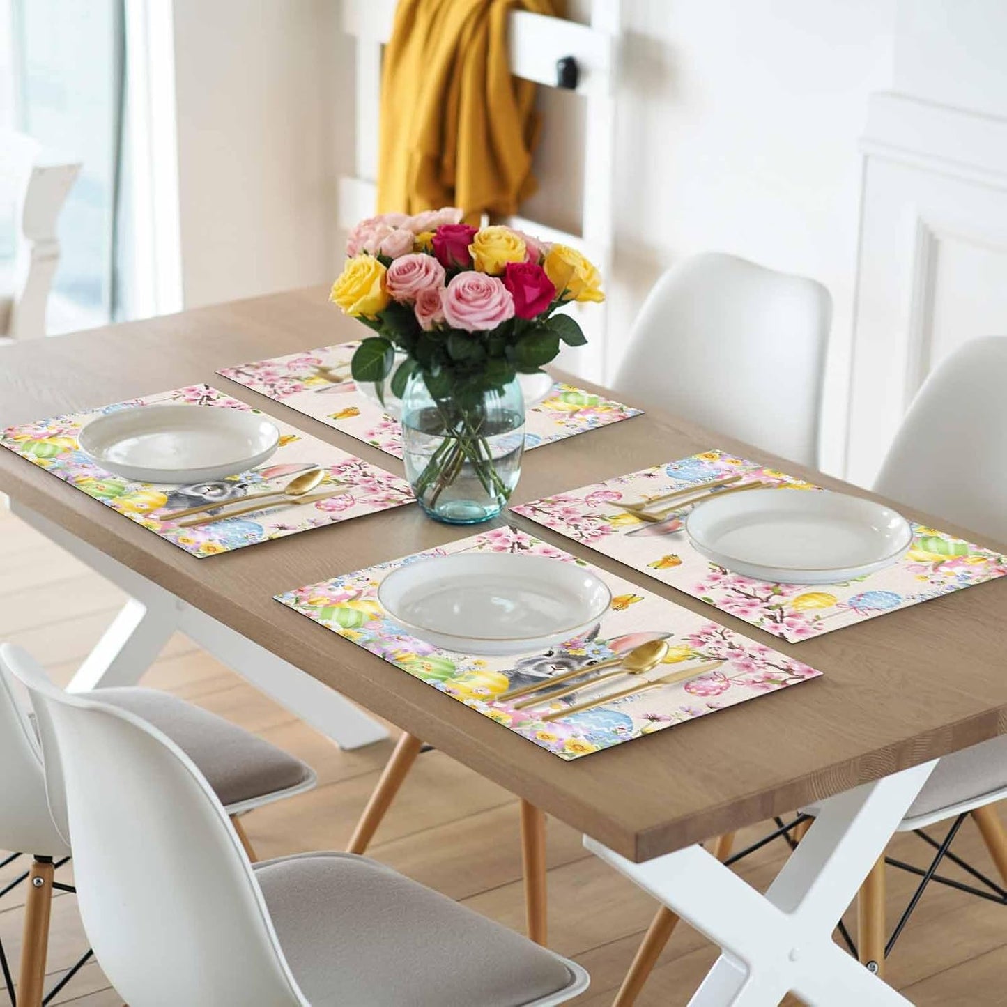 Easter Rabbits Placemats Set of 4, Washable PVC Kitchen Table Mats Place Mats, Weeping Pink Peach Eggs Vintage Beige Spring Woven Vinyl Placemat for Dining Table, 13" x 19"