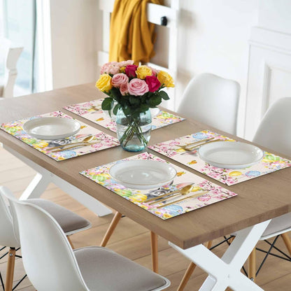 Easter Rabbits Placemats Set of 4, Washable PVC Kitchen Table Mats Place Mats, Weeping Pink Peach Eggs Vintage Beige Spring Woven Vinyl Placemat for Dining Table, 13" x 19"