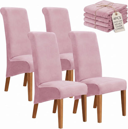Deisy Dee Stretch XL/Oversized Extra Large Velvet Dining Room Chair Covers for Kitchen Dining，Removable Washable Chair Protectors Slipcovers (Pink, 4)