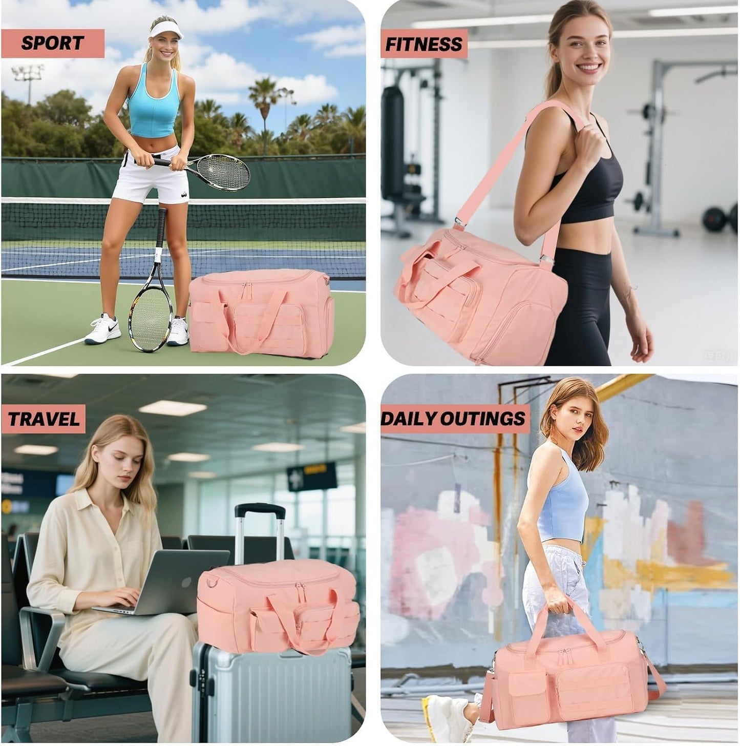 Gym Bags for Women & Men - Lightweight Travel Duffle Bag with Shoes Compartment & Wet Pocket, Durable Carry-on Weekend Bag, Pink