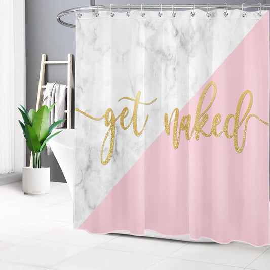 EOBTAIN Get Naked Shower Curtain for Bathroom Funny Quotes with Gold Texture on Pink and White Marble Shower Curtain with 12 Hooks Modern Abstract Bathroom Curtains Shower Set 72x72 Inch