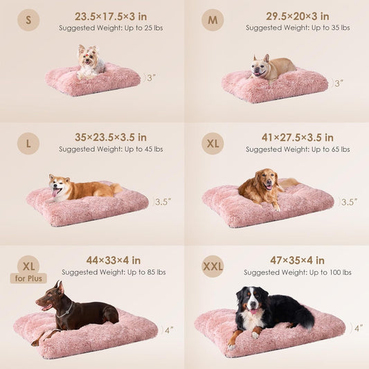 EHEYCIGA Fluffy Dog Bed, Plush Faux Fur Crate Pad, Calming Anti Anxiety Small Dog Bed, Washable Soft Warm Crate Mat with Non-Slip Bottom, Pink