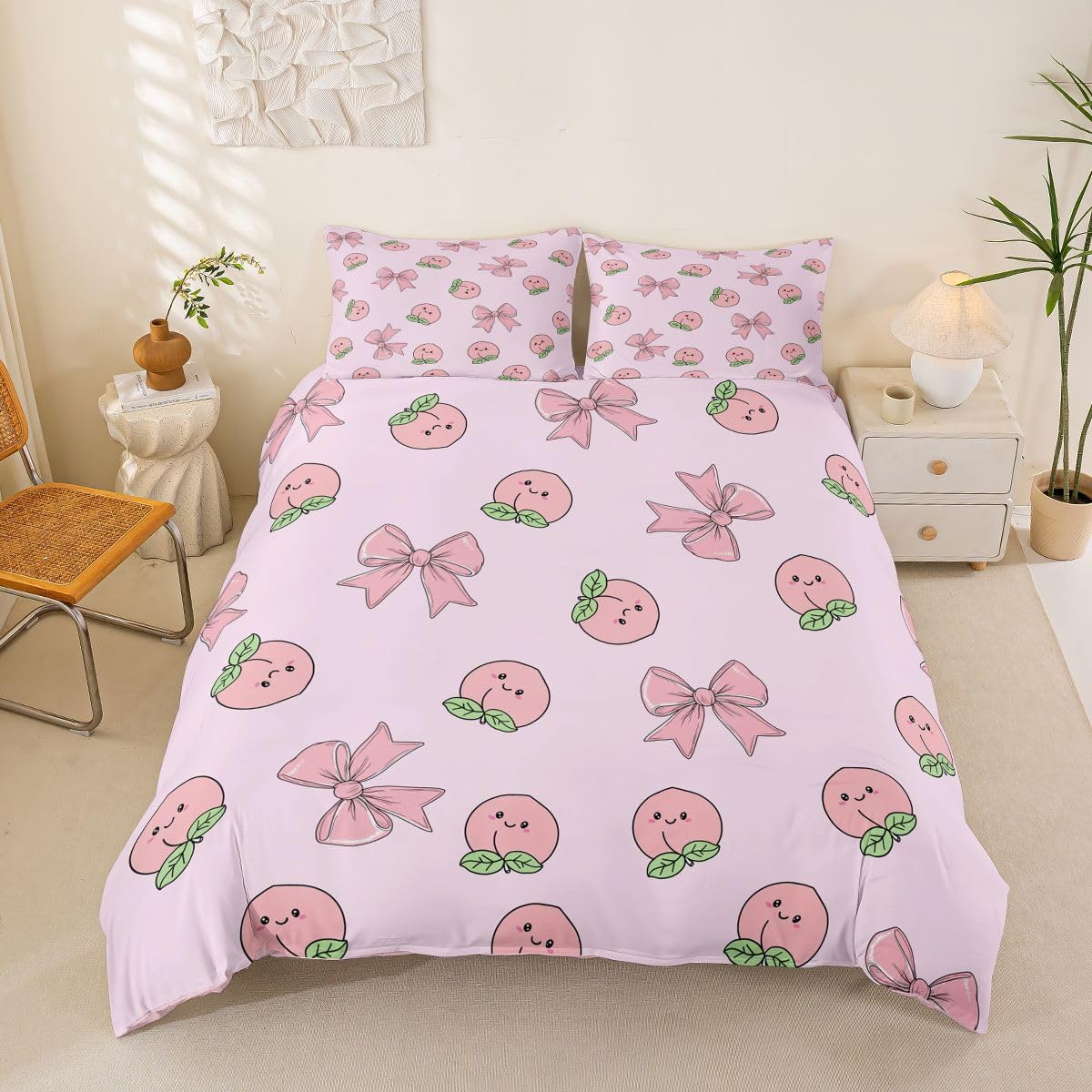 Erosebridal Bowknot Duvet Cover Queen Size Peach Bedding Set for Kids Boys Girls Cute Cartoon Peaches Kawaii Pink Bow Comforter Cover Fruit Princess Ribbon Bowtie Bedclothes