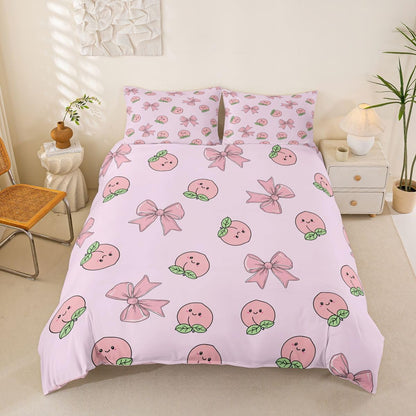 Erosebridal Bowknot Duvet Cover Queen Size Peach Bedding Set for Kids Boys Girls Cute Cartoon Peaches Kawaii Pink Bow Comforter Cover Fruit Princess Ribbon Bowtie Bedclothes
