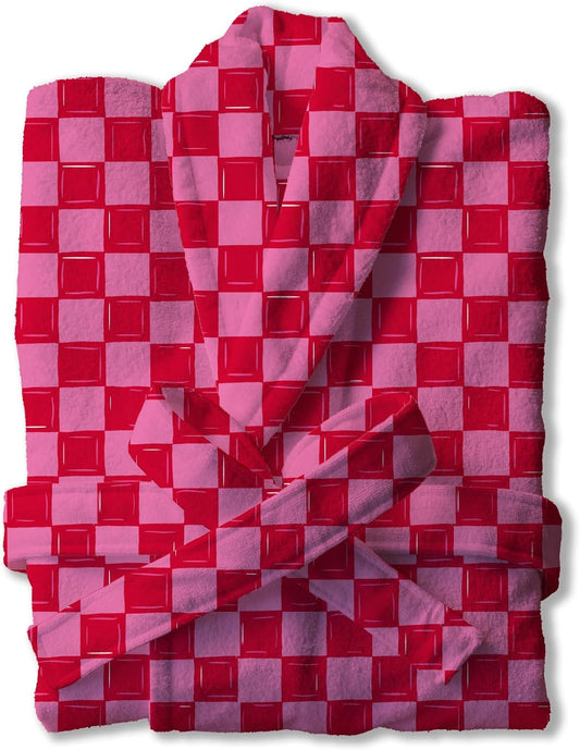 Southern Couture Soft Collection Women's Plush Spa Style Bathrobe – Red & Pink Checkered Pattern, Cozy Tie Waist Lounge Robe, One Size