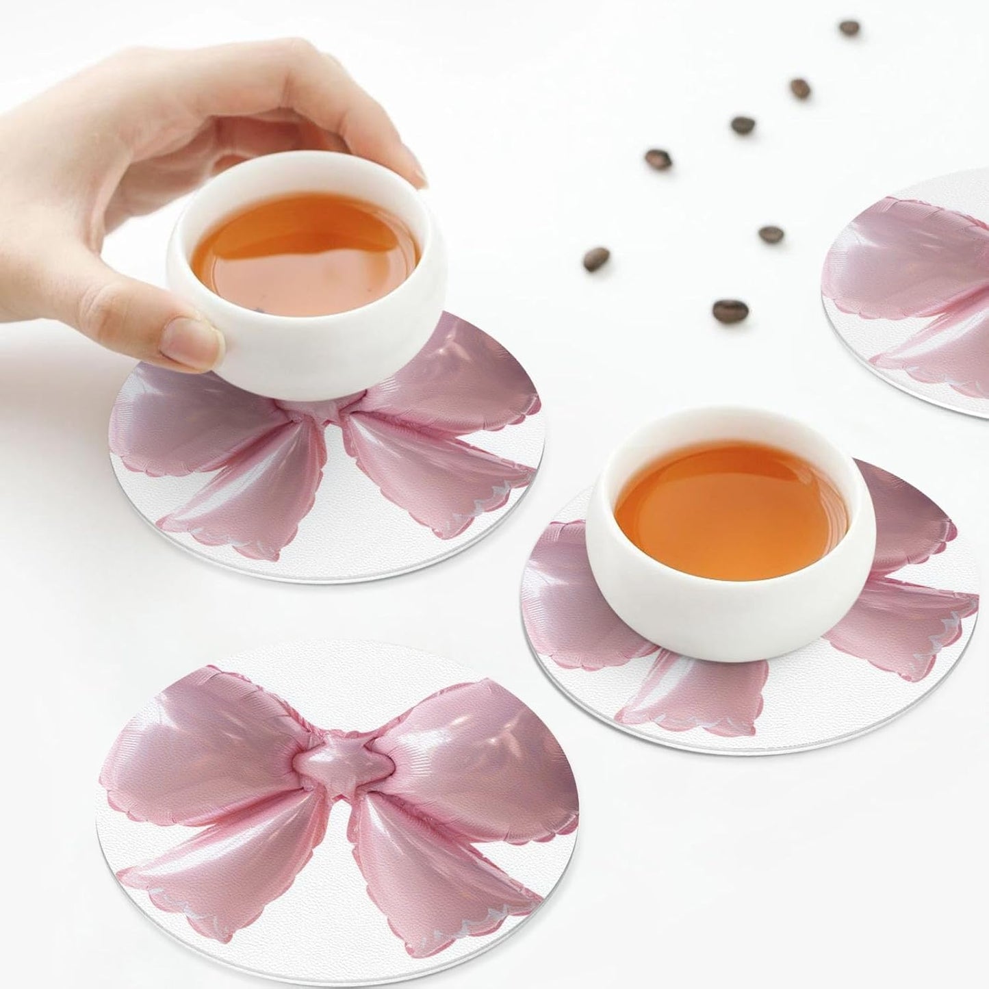 Light Pink Bow Balloon Drinks Coasters Set of 4 Leather Drink Coasters for Tabletop Protection Heat Resistant Bar Cup Mat Pad