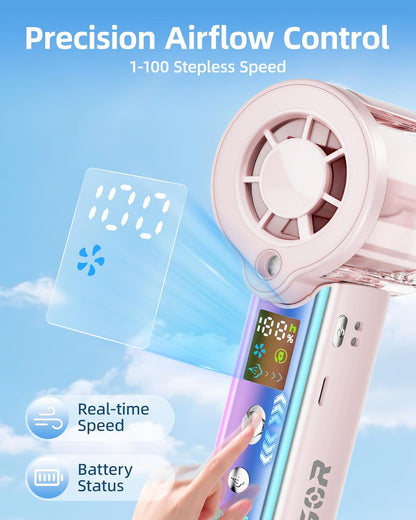 Portable Handheld Fan with Cooling Mist, 30000 RPM High Speed Turbo Personal Fan with Adjustable Speeds, 3000mAh Rechargeable Mini Misting Fan with LED Display for Travel Outdoor Makeup, Pink