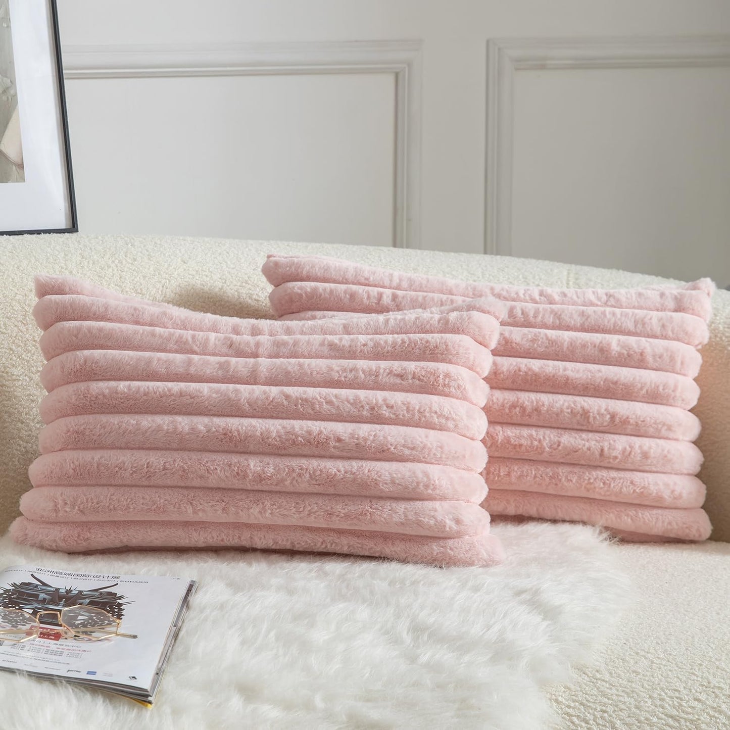 MANDIOO Pack of 2 Decorative Throw Pillow Covers Faux Fur Striped Plush Soft Cushion Covers Pillow Cases Bedroom Living Room Sofa Home 12x20 Inch Pink