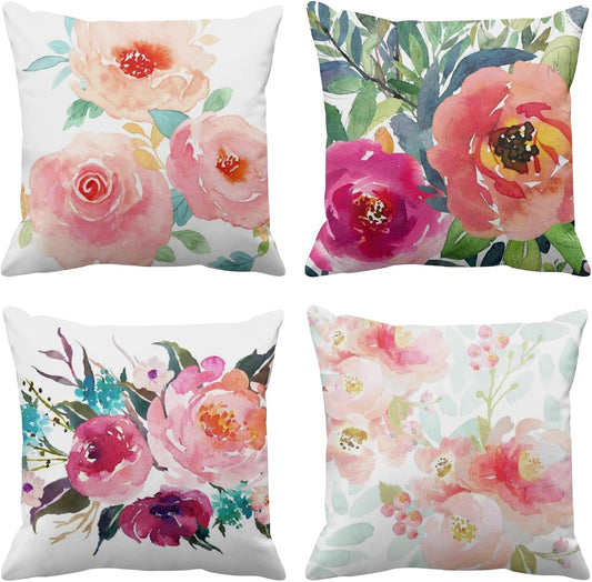 Emvency Set of 4 Throw Pillow Covers Peonies Summer Watercolor Floral Pink Flower Girly Pastel Mint Colorful Decorative Pillow Cases Home Decor Square 16x16 Inches Pillowcases