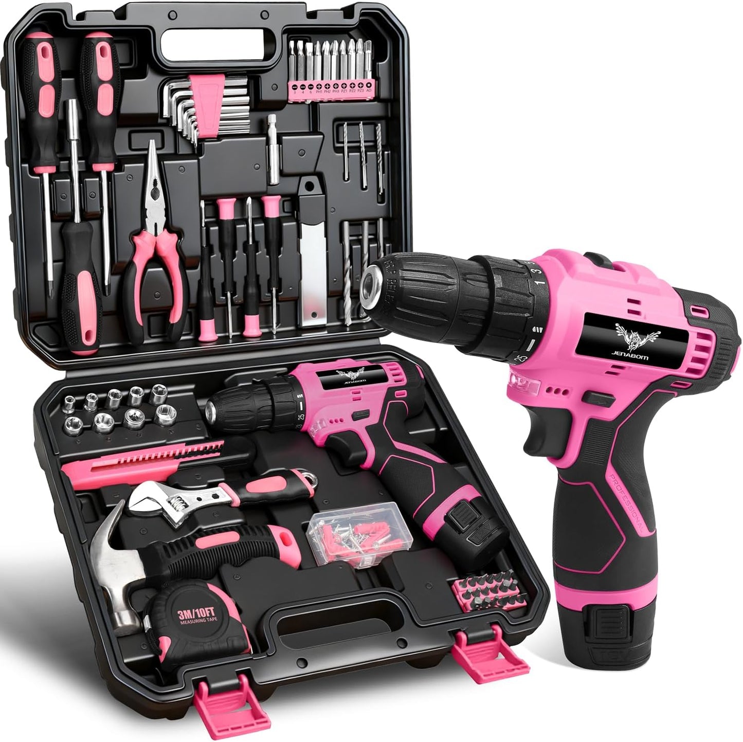 JENABOM Pink Tool Set - 12V Cordless Drill Kit, 151 Piece Home Tools Set With Power Drill, Tool Kits for Men & Women, Perfect for Homeowner, Diyer, Handyman