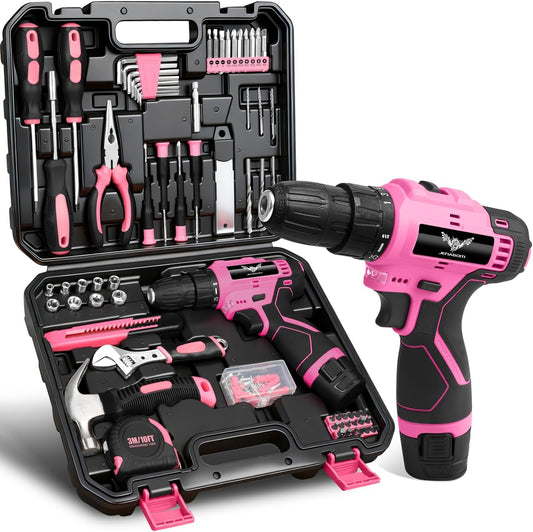 JENABOM Pink Tool Set - 12V Cordless Drill Kit, 151 Piece Home Tools Set With Power Drill, Tool Kits for Men & Women, Perfect for Homeowner, Diyer, Handyman