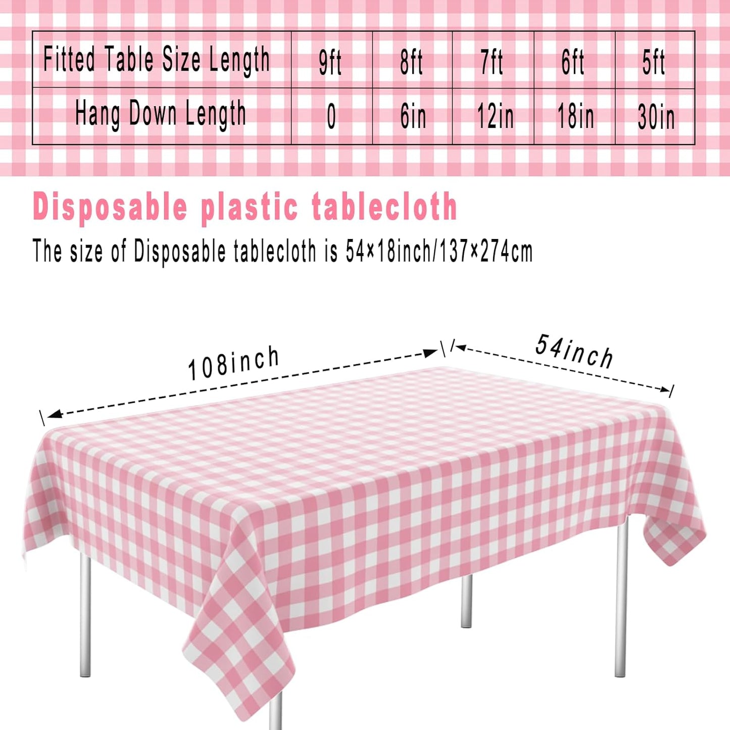 4 Pack Pink and White Checkered Tablecloth Pink Checkered Flag Tablecloth, Disposable Plastic Gingham Table Cover for Parties, Race Car Birthday Party, Birthday, Outdoor Picnic, 54 × 108 Inch