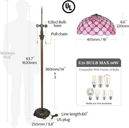 Tiffany Floor Lamp Stained Glass Pearls Beads Standing Reading Light 16x16x64 Inch Retro Inspired Pole Corner Lighting Art Decor for Bedroom Living Room Home Office (Pink)