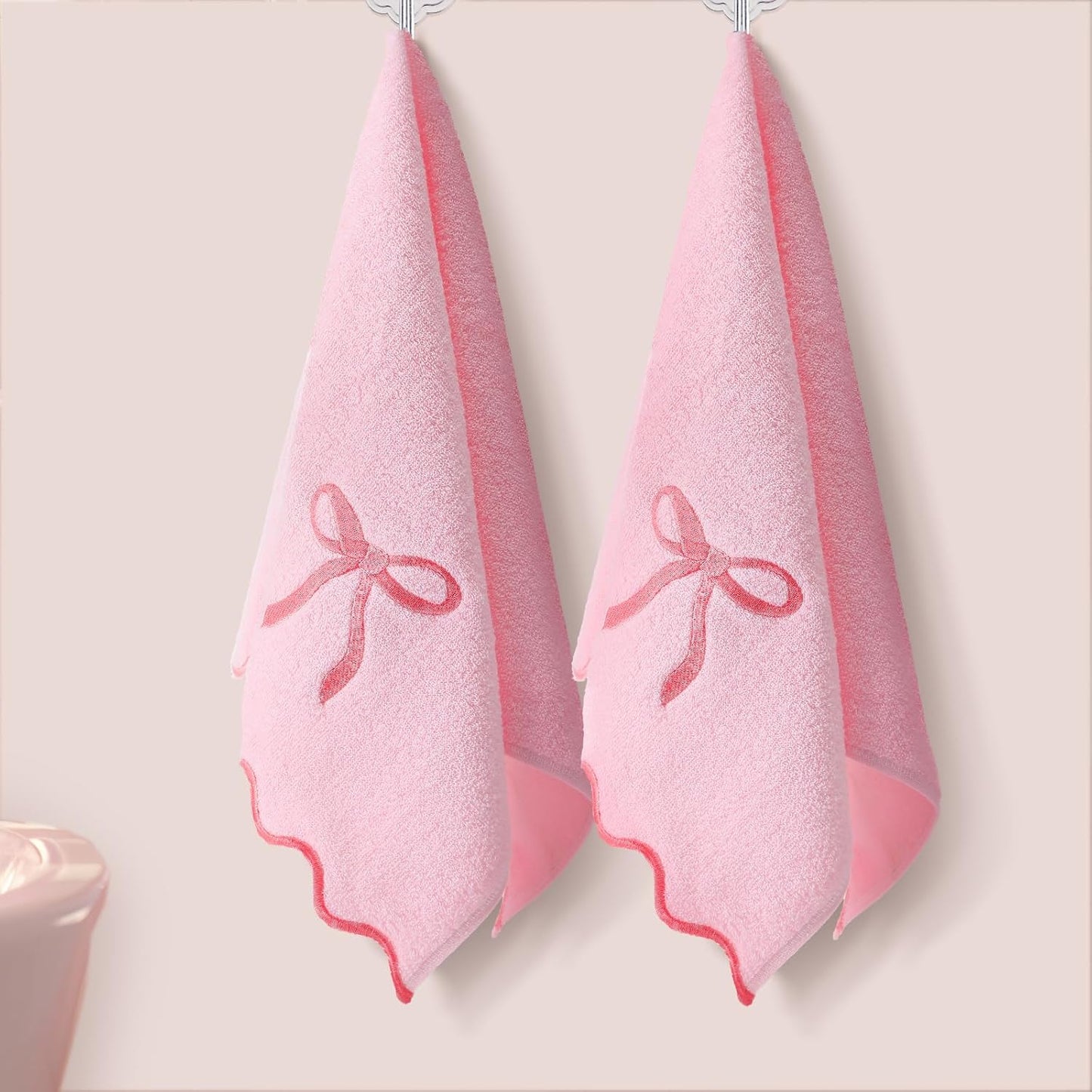 Fanfanwin 2 Pcs Pink Bow Scalloped Hand Towels for Bathroom 26 x 13 Inch Soft Embroidery Cute Coquette Bath Towels Fingertip 100% Cotton Soft Absorbent Boho Bath Decor for Kitchen Bathroom
