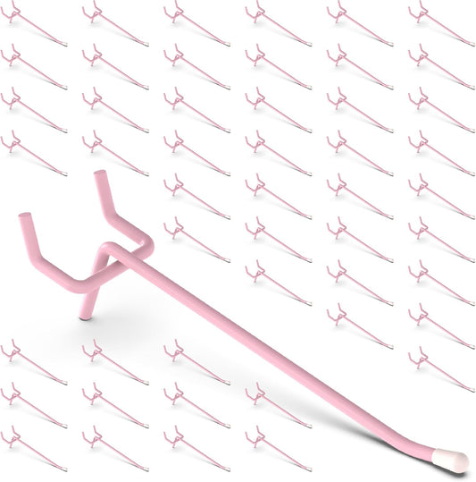 50-Pack Pink Pegboard Hooks 4 Inch - Fits 1/8 and 1/4 Inch Boards | Decorative Metal Peg Board Hangers with Rubber Safety Tips - Heavy Duty Organizer for Craft Room, Garage & Retail Display