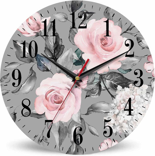 Mxocom Pink Flowers and Leaves Wall Clock Artistic Watercolor Rose Flower Grey Spring 10 Inch Silent Non Ticking Battery Operated Clock Vintage Round Clock for Living Room Bedroom Bathroom Decor