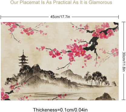 Chinese Placemat,12x18 Inch Set of 4, Pink Cherry Blossom Japanese Asian Ink Painting Landscape Anime Nature Oriental Coffee Table Mats Home Outdoor Party Kitchen Dining Table Decoration