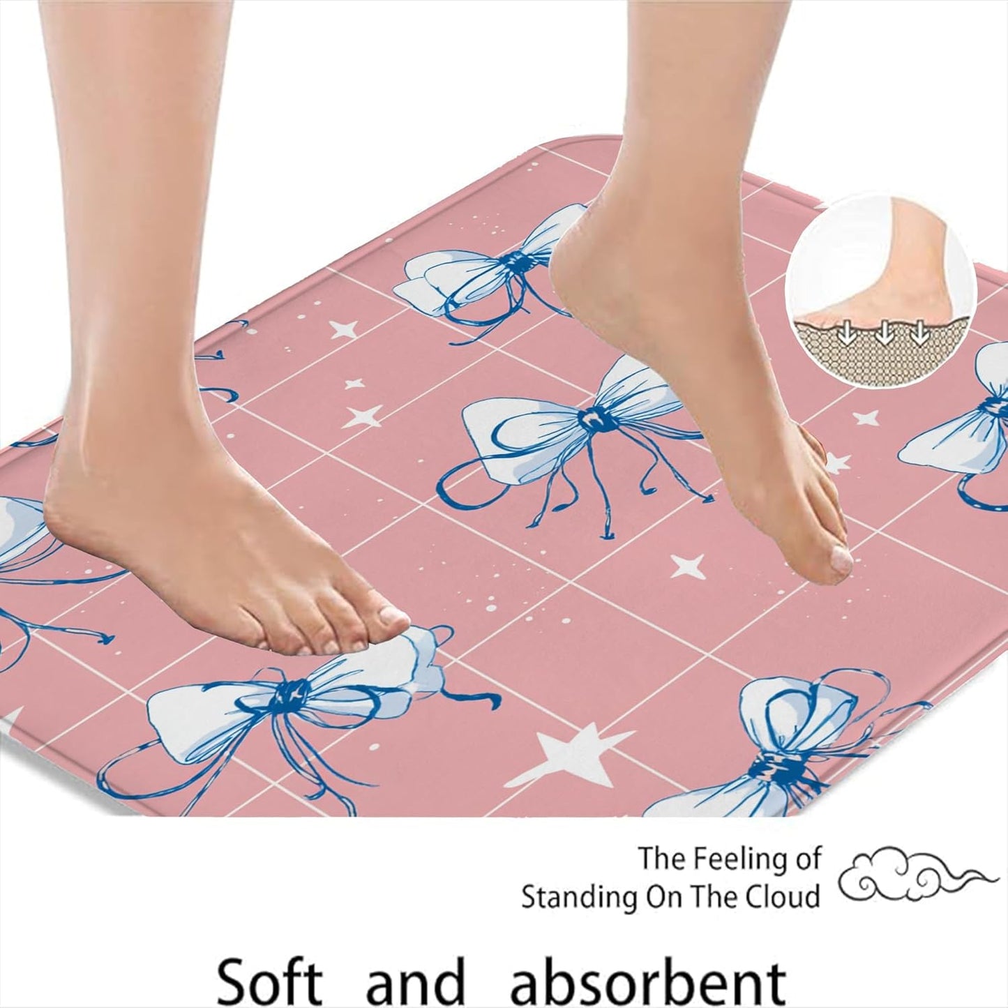 Peach Bow Quick Dry Bath Mat, Cute Star Pattern Absorbent Non Slip Shower Mat, Modern Memory Foam Washable Bath Rugs for Bathroom Toilet Restroom Decorative 16x24 Inch