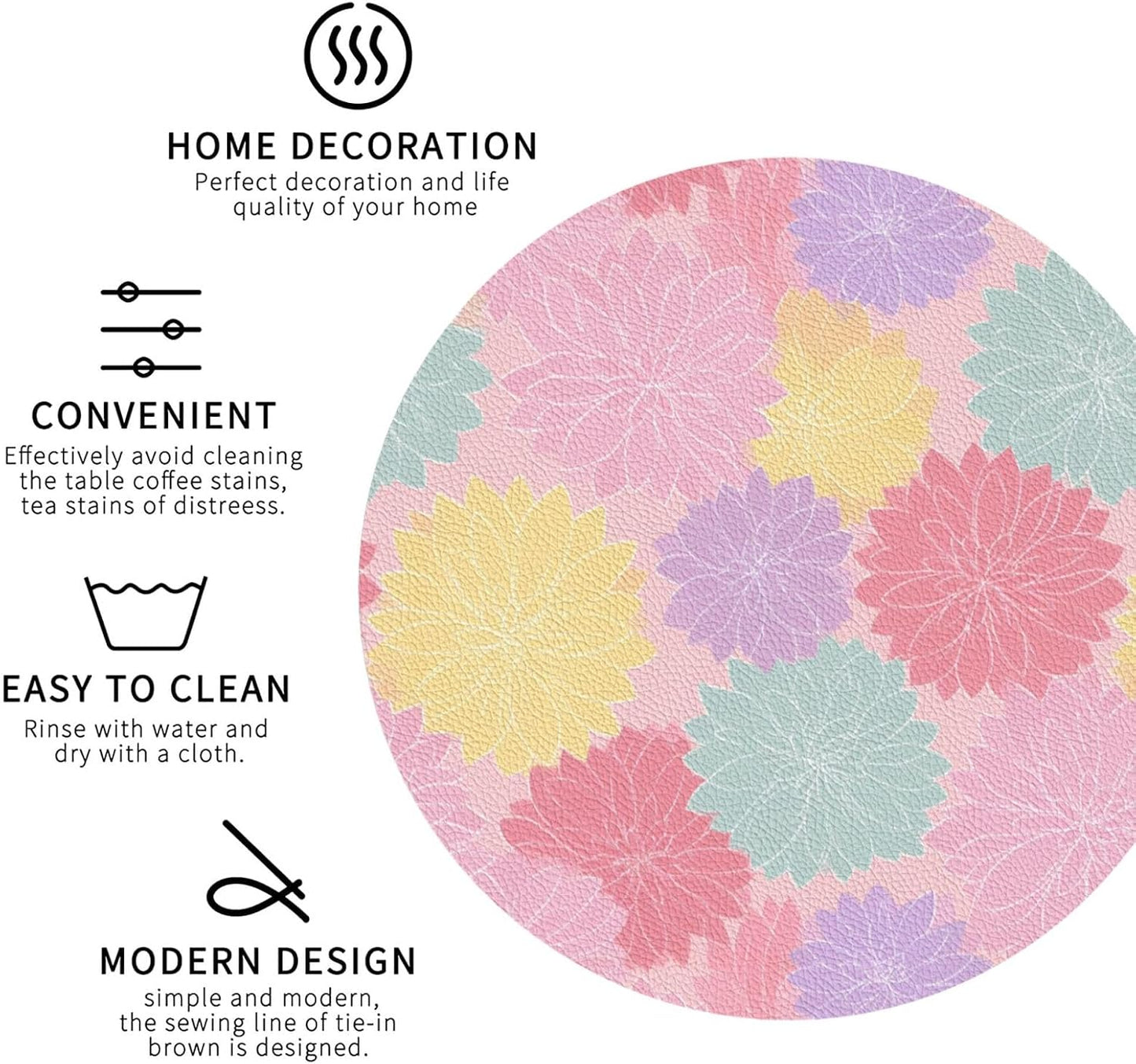 Pastel Pink Yellow Floral Pattern Drinks Coasters Set of 4 Leather Drink Coasters for Tabletop Protection Heat Resistant Bar Cup Mat Pad