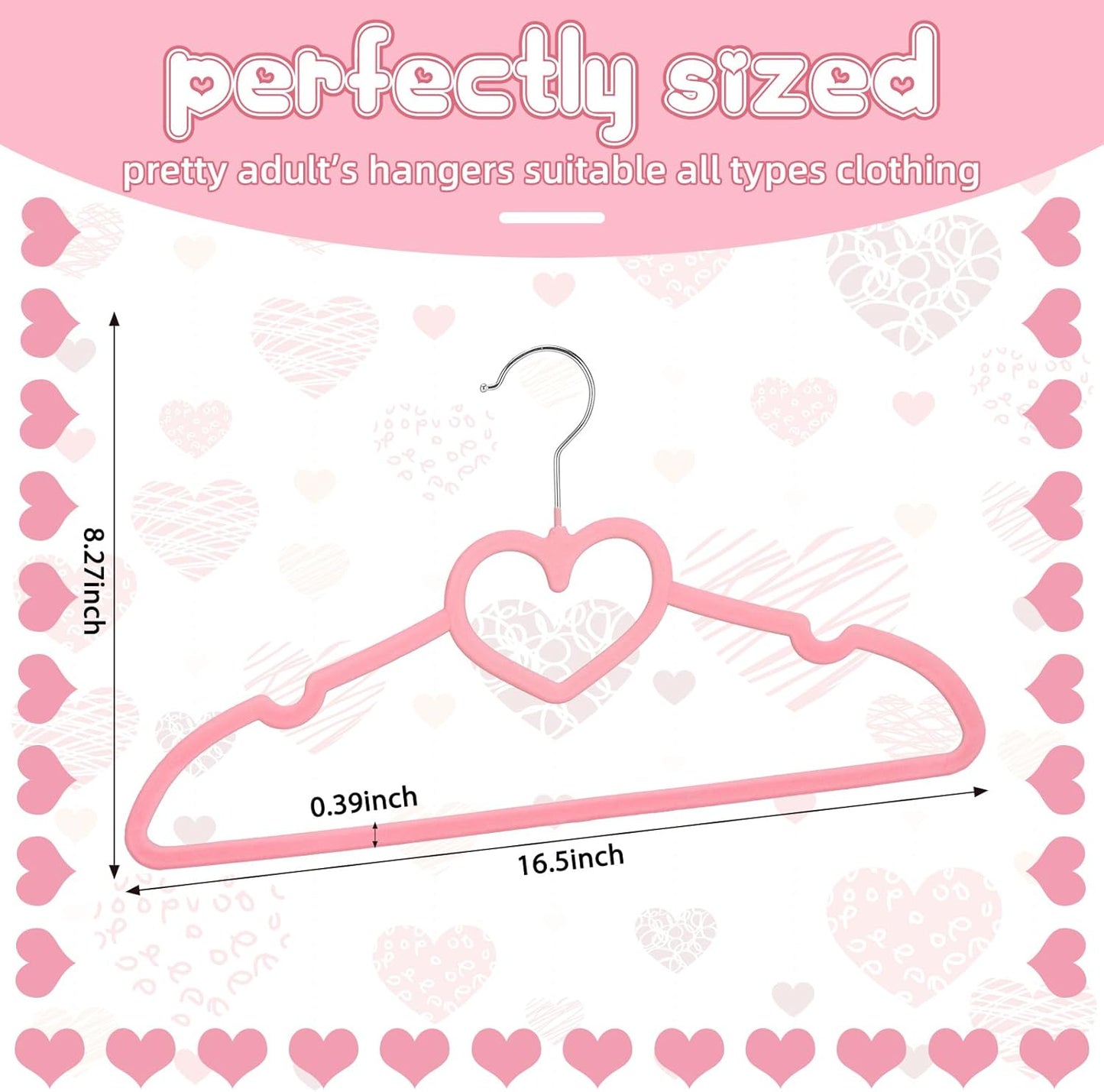 Qunclay 50 Pcs Pink Velvet Heart Hangers, Non-slip Felt Clothes, Heavy Duty Sturdy Heart Clothes Coat Hanger, Cute Kawaii Room Decor for Adult Women, Space Saving with No Hanger Mark, 360° Swivel Hook
