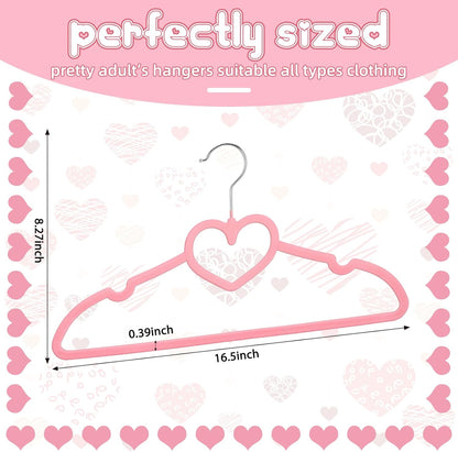 Qunclay 50 Pcs Pink Velvet Heart Hangers, Non-slip Felt Clothes, Heavy Duty Sturdy Heart Clothes Coat Hanger, Cute Kawaii Room Decor for Adult Women, Space Saving with No Hanger Mark, 360° Swivel Hook