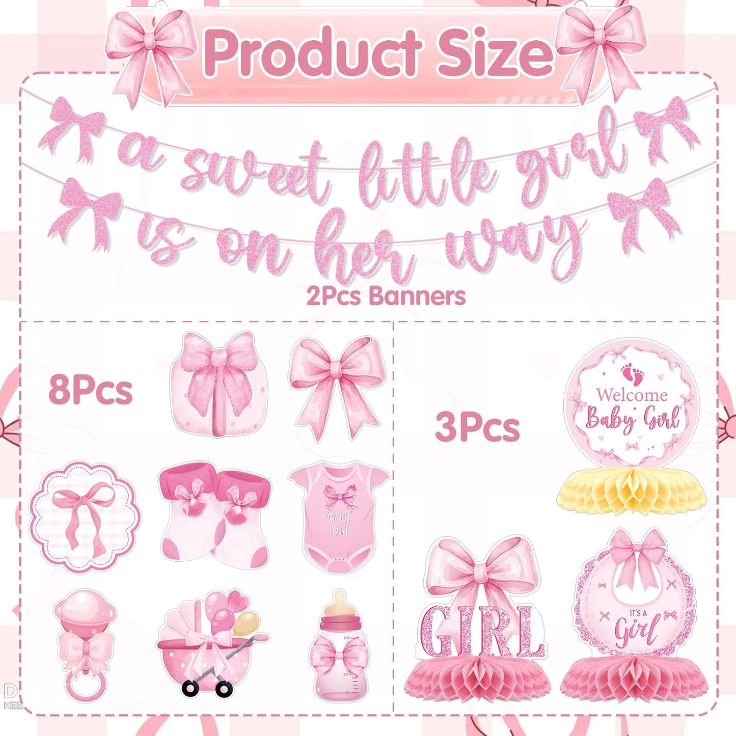 Pink Bow Baby Shower Decorations - Deorfuy 13Pcs a Sweet Little Girl is on Her Way Banners with Hanging Swirls Decoration Coquette Honeycomb Centerpiece Decor Supplies