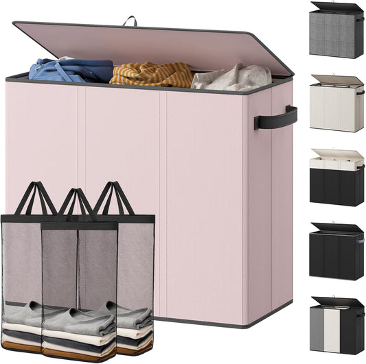 Optish 180L Laundry Hamper 3 Section, Large Laundry Hamper with Lid, Dirty Clothes Hampers with 3 Inner Bags, Laundry Basket Organizer for Laundry, Bedroom, Bathroom, Hamper 3 Compartment, Pink