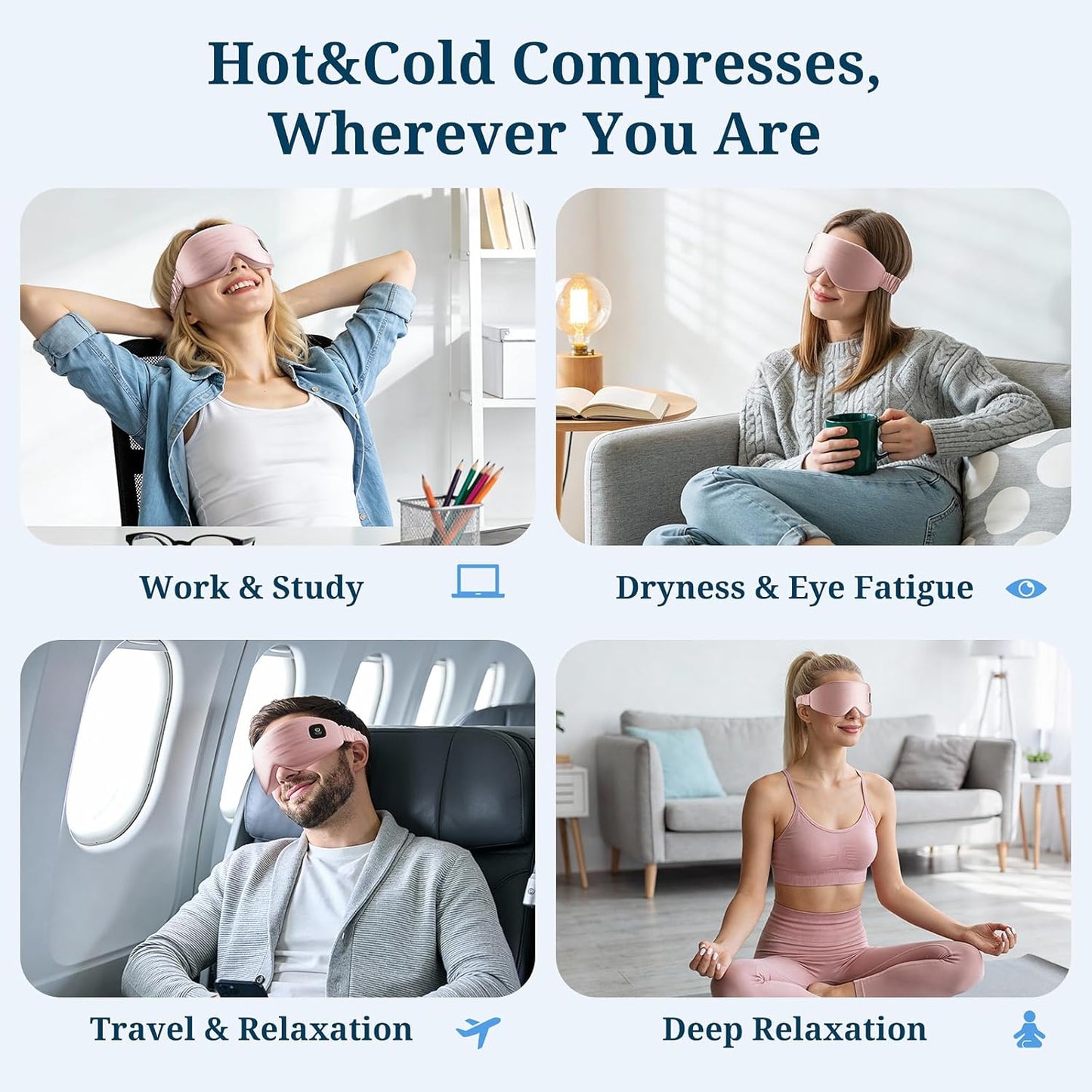 100% Silk Wireless Heated Eye Mask with Cooling, Relieves Dry Eye Syndrome and Puffy, Reduces Dark Circles, Adjustable Velcro Design and Washable Cover, Suitable for Travel & Gifts-Pink.