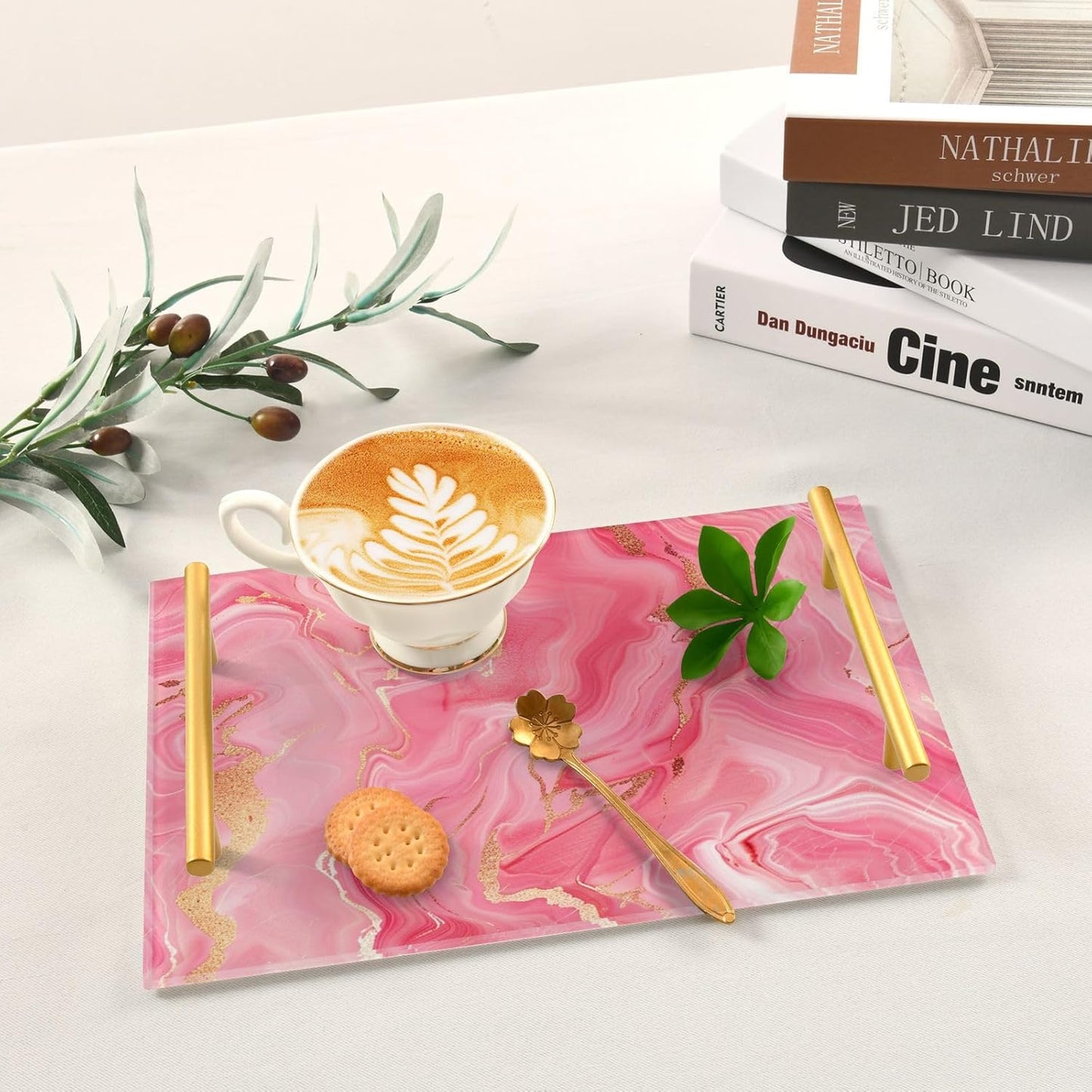 Peach Marble Decorative Dinner Trays with Handles Drink Serving Tray for Jewelry Perfume for Coffee Tables, Office