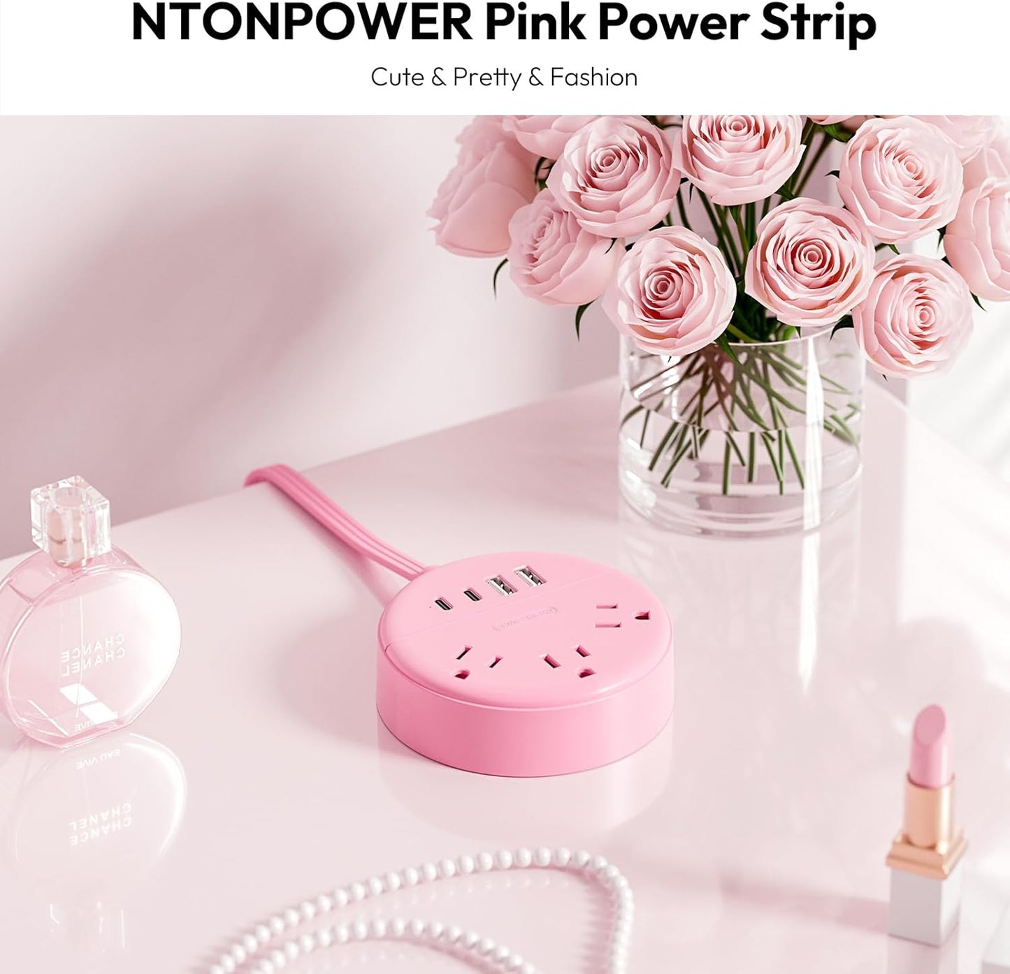 NTONPOWER Pink Extension Cord 5ft, Cute Power Strip with 3 AC Outlets & 2 USB C & 2 USB A, Flat Extension Cord, Wall Mount, Flat Plug Power Strip for Home, Dorm, Vanity Desk, Women Essential