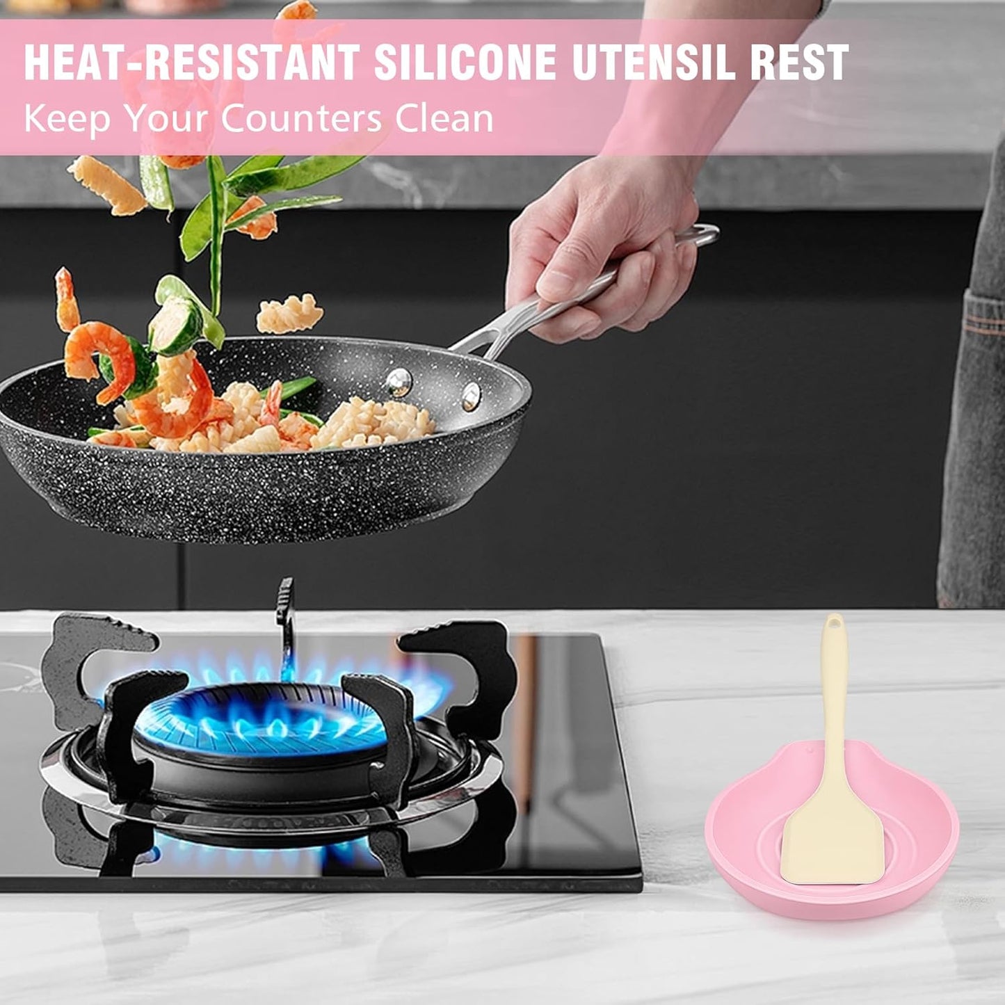 VanlonPro Silicone Spoon Rest for Stove Top - BPA-Free, Heat-Resistant Spoon Holder - Spoon Rest for Kitchen Counter - Large Cooking Utensil Rest for Spoons, Spatulas, Ladles or Tongs - Pink