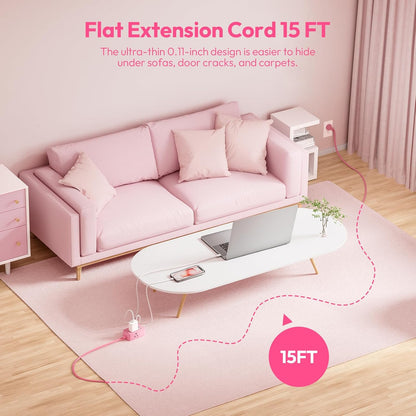 NTONPOWER Pink Extension Cord 15 ft, Pink Power Strip Flat Wall Plug with 3 Outlets 3 USB (1 USB C), Flat Extension Cord for Home Office Dorm Room Essentials