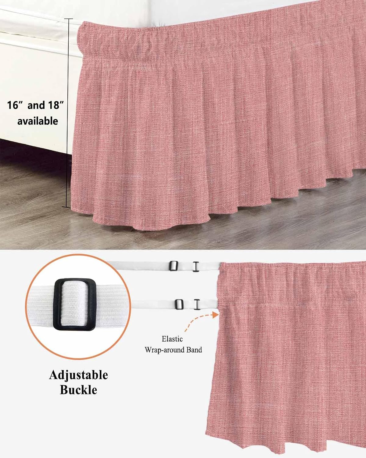 Bed Skirt Peach Pink Linen Bedskirt 16 Inch Drop Farmhouse Pure Color Adjustable Elastic Wrap Around Bed Skirts Dust Ruffle for Queen Size Bed Frame Cover