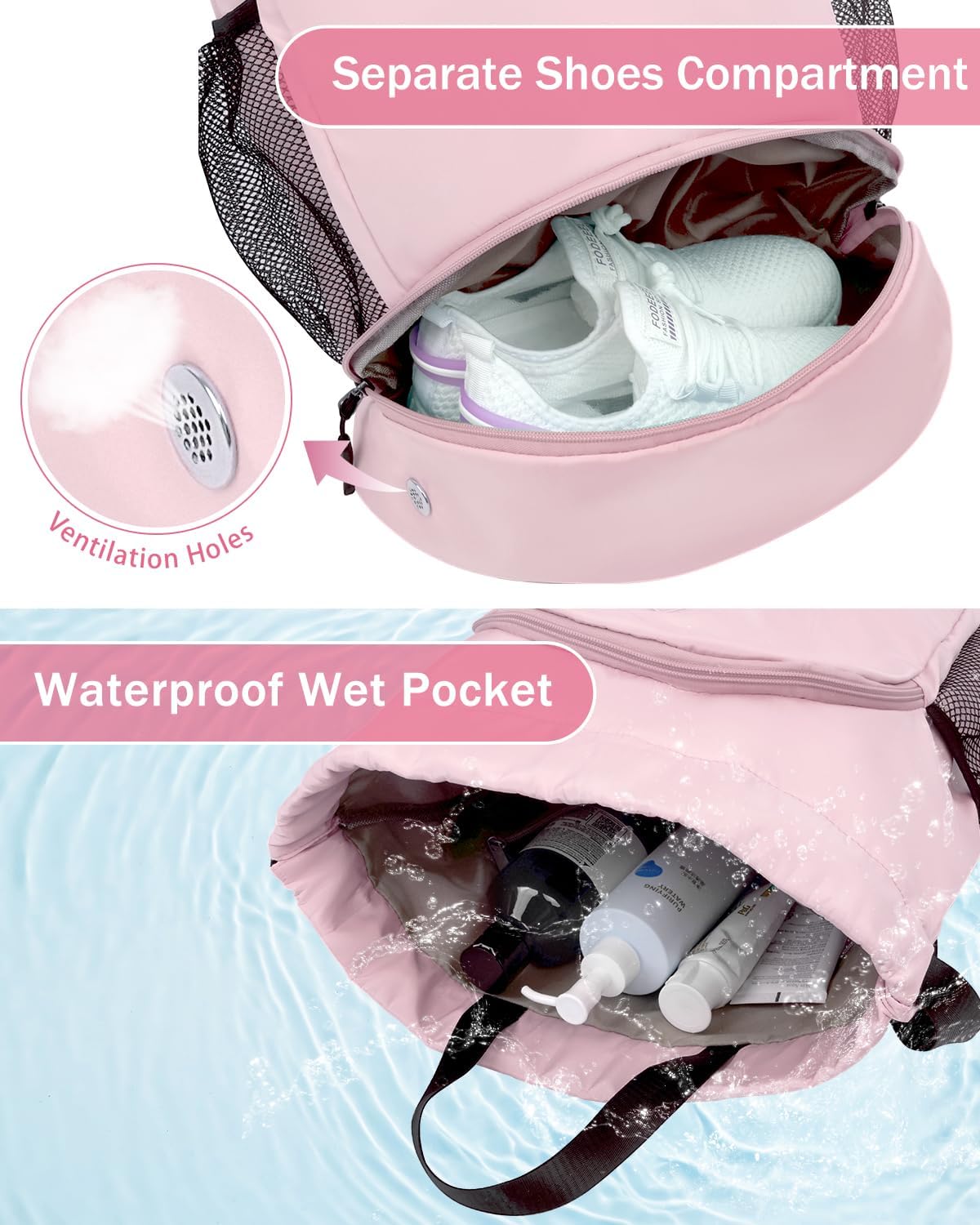 RHDZO Drawstring Backpack Gym Backpack with Shoe Compartment for Men Women String Sports Bag with Wet Pocket Cinch Swim Beach Bag, Large Pink