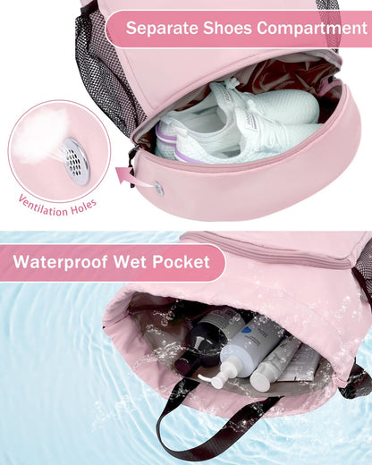 RHDZO Drawstring Backpack Gym Backpack with Shoe Compartment for Men Women String Sports Bag with Wet Pocket Cinch Swim Beach Bag, Large Pink
