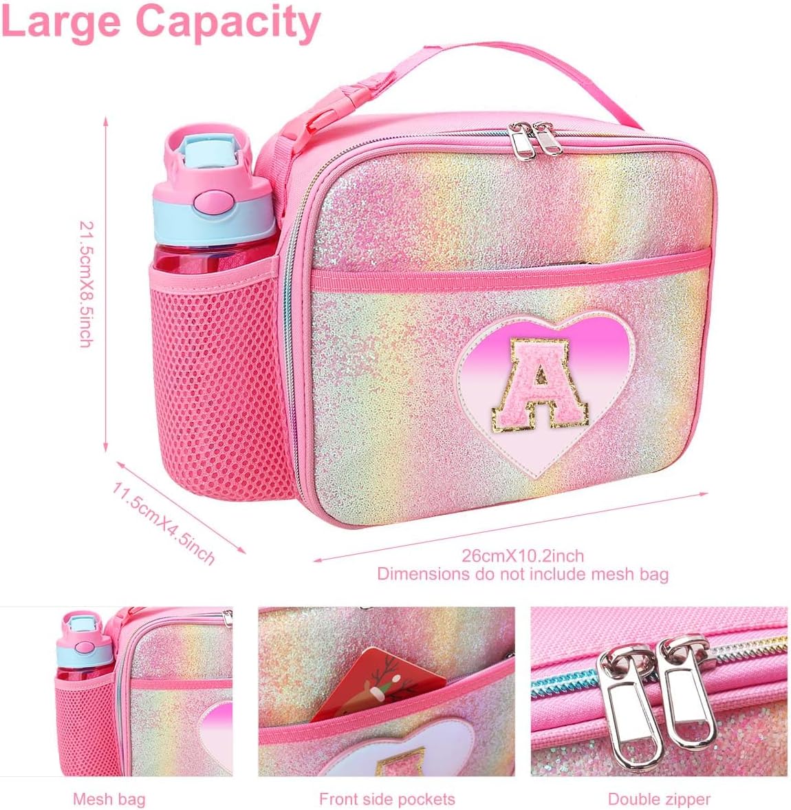 RHCPFOVR Kids Initial Lunch Bag - Insulated Lunch Box for Boys Girls,Washable Lunch Bag and Reusable Toddler Leak-proof Lunchbox for School and Daycare Pink J