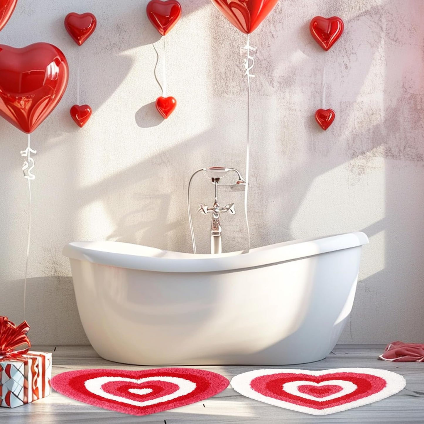 JarThenaAMCS 2 Pcs Valentine Heart Bath Mat Pink Red Heart Shaped Bathroom Rug Non Slip Absorbent Tufted Shower Rug Front Door Mat for Home Room Entrance, 19.6 x 23.6 Inch