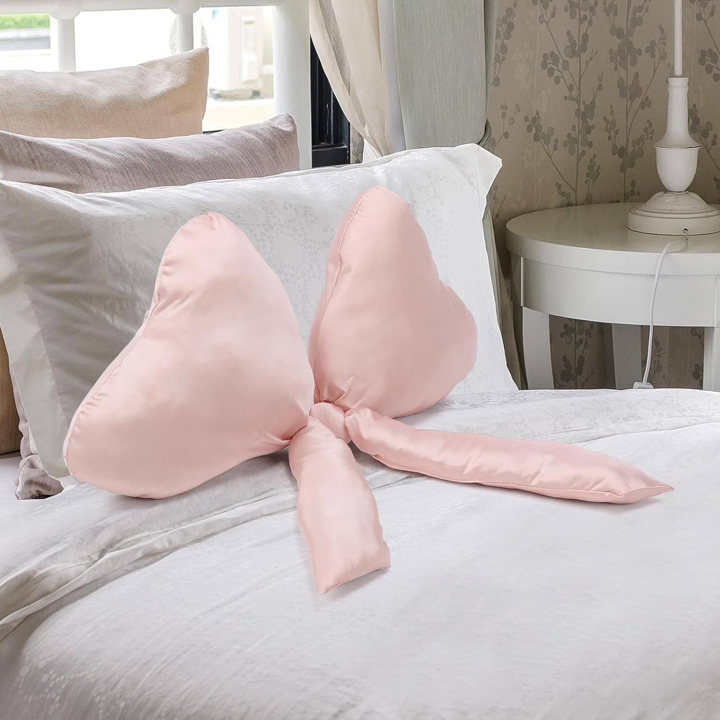 Beeveer 1 Pack Bow Throw Pillow 27 x 24 Inches Big Mother Day Satin Pillow Bow Shaped Coquette Pillows Cushion for Sofa Office Lumbar Gifts Decorative for Mothers Day Aesthetic Decor(Pink)