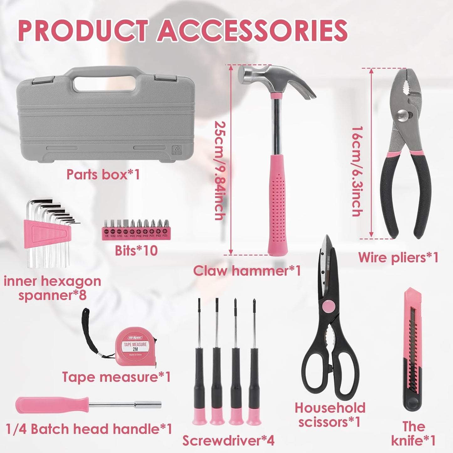 34-Piece Household Tools Kit, Household Tool Set General Repair Small Hand Tool Kit in Toolbox Storage Case, Household Tool Set for Women, Girls and Ladies, Pink, Mini Tool Box Set for Dorm